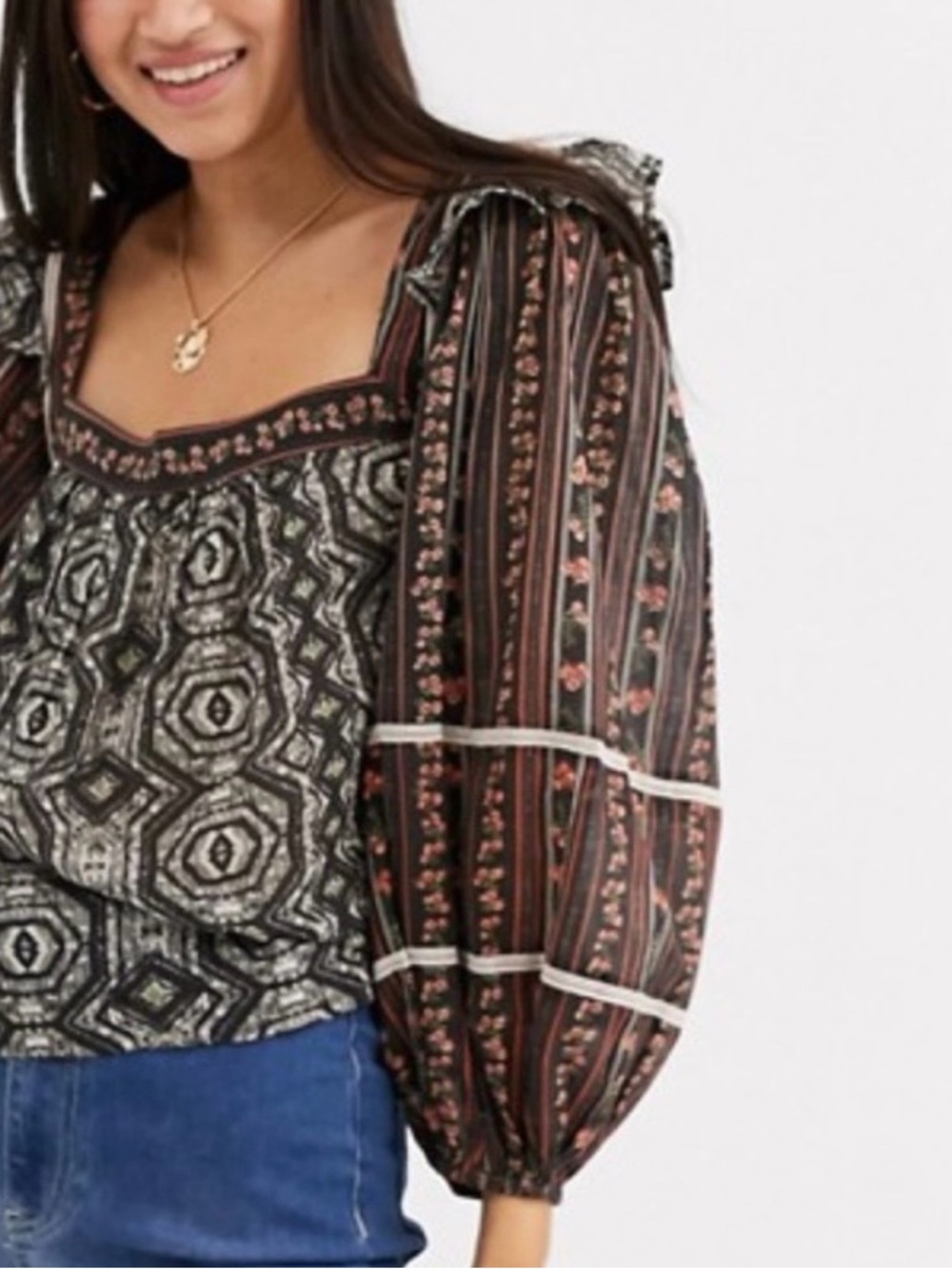 Free People Black & Pink Mixed-Print Square Neck Blouse Size L